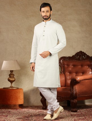 Lakhnavi thread work pista green cotton kurta suit for mens