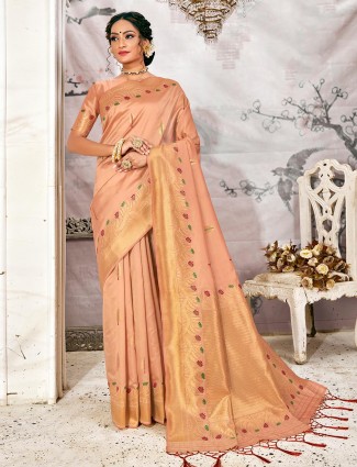 Latest beige handloom banarasi silk saree for wedding reception