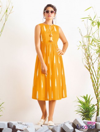 Latest designer casual printed cotton yellow kurti