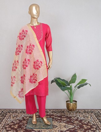 Latest hot pink hue pant style suit in cotton