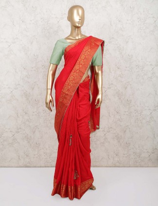 Latest red dola silk saree with beads work for festive