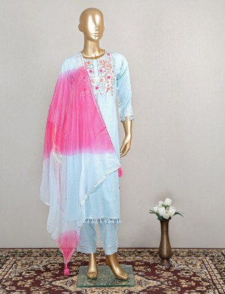 Latest sky blue cotton silk festive wear salwar kameez