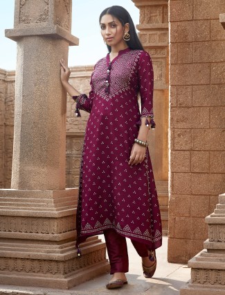 Latest wine purple cotton printed kurti for festive wear