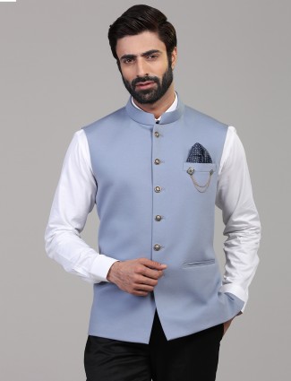 Light blue solid kintted waistcoat