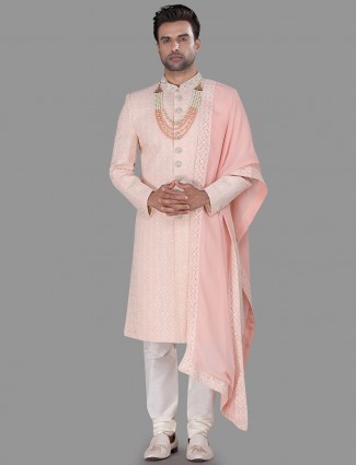 Light Pink silk sherwani with chikan style