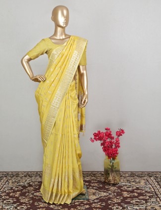 Light yellow amazing zari details wedding sari in dola silk