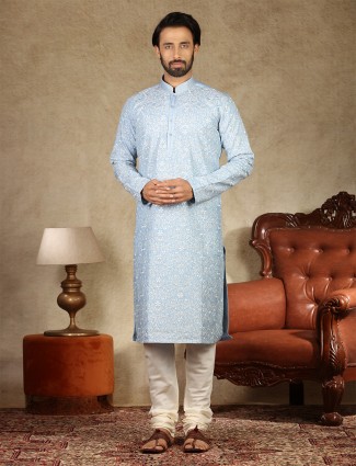 Linen fabric blue kurta suit for festive