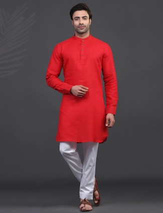Linen red full sleeve kurta suit