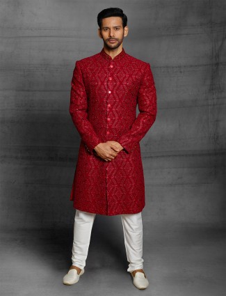 Magenta hue silk sherwani for wedding and party event