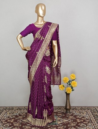 Magnificent purple wedding look dola silk saree for women