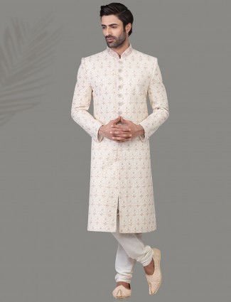 Magnificent white jacquard silk sherwani