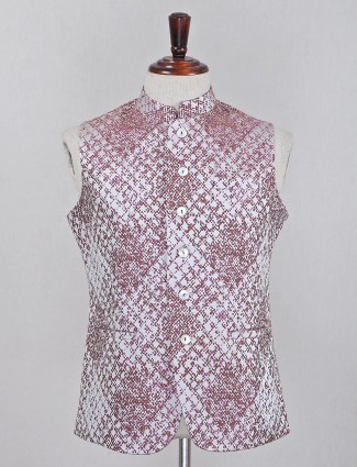Maroon and white silk party wear textured waistcoat