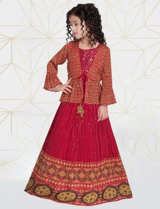 Maroon hued lehenga choli with jacket for wedding sessions in georgette