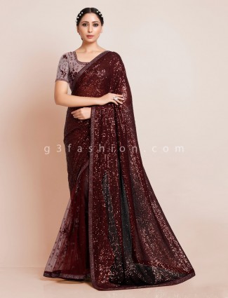 Maroon net party function saree