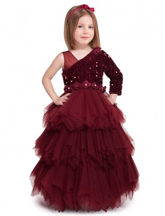 Maroon net wedding gown for cute baby