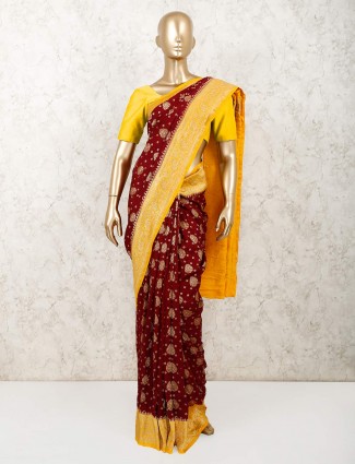 Maroon wedding saree design in muga silk