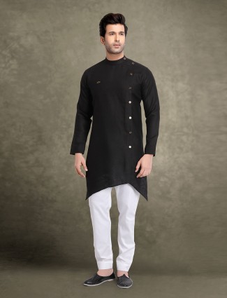 Mens black sober cotton solid kurta suit