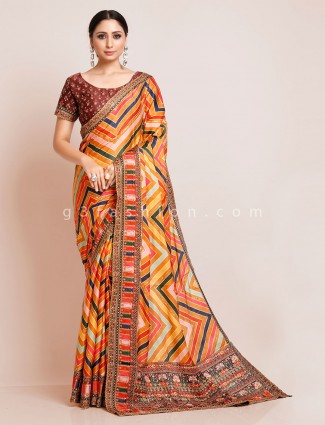 Multi color zigzag style satin saree with ready made blouse