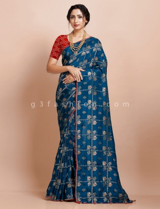 Muga silk festive blue with contrast piping saree