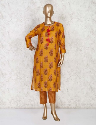 Mustard yellow cotton printed pant style kurti set
