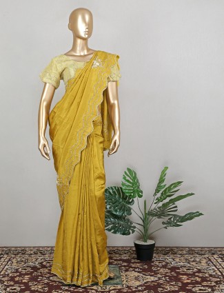 Mustard yellow innovative saree in silk with ready made blouse