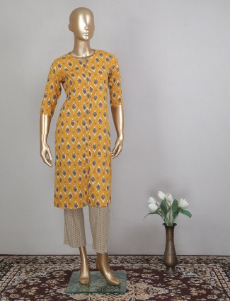 Mustard yellow printed cotton festive wear pant suit