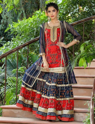 Navy and red rich cotton punjabi jacket style festive wear sharara suit