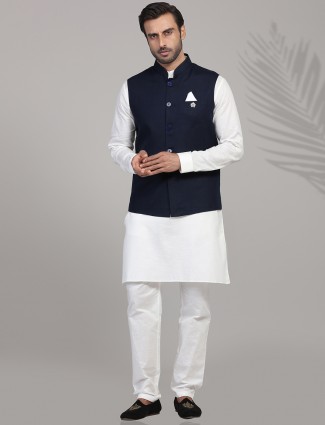 Navy and white linen kurta suit