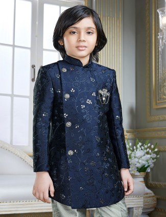 Navy cotton silk indo-western suit for boys