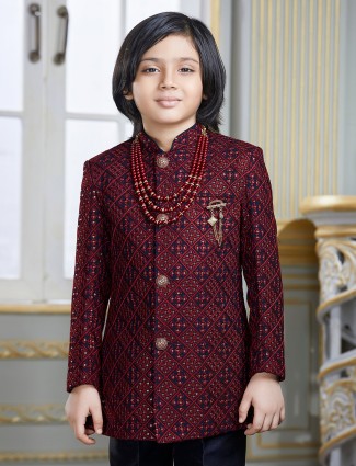Navy hued cotton silk indo-western suit for boys