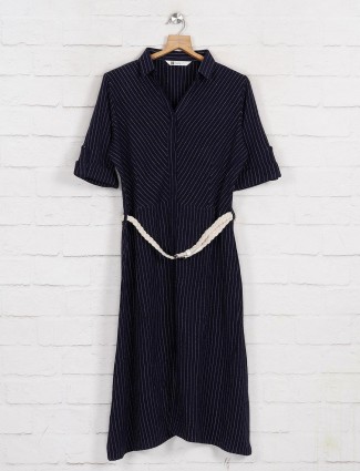 Navy long top in cotton with stripe