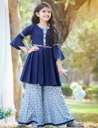 Navy punjabi style palazzo suit in cotton for girls