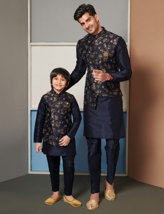 Navy raw silk waistcoat set for father and son