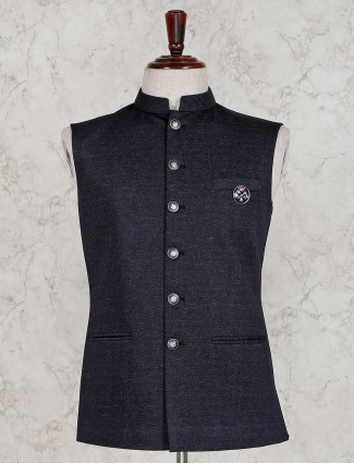 Navy solid party wear terry rayon waistcoat
