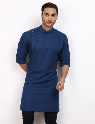 Navy solid side buttoned kurta