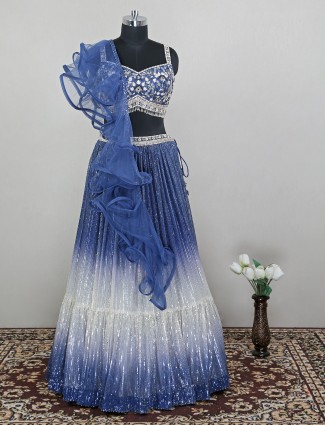 Net designer lehenga choli for wedding events in lavender blue