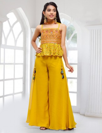 Ochre yellow hue wedding wear palazzo suit with thread work details