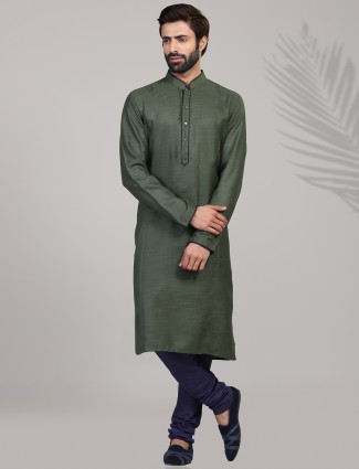 Olive cotton full sleeves solid kurta suit