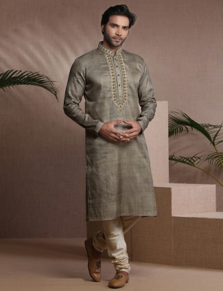 Olive cotton silk slim fit mens kurta suit