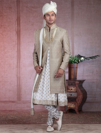 Olive designer groom wear sherwani in pure raw silk