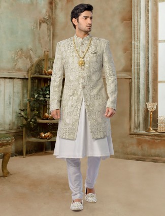 Olive exclusive silk jacket sherwani set for groom