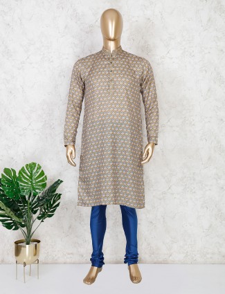 Olive printed cotton mens kurta suit