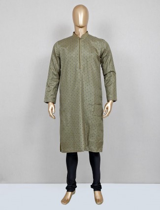 Olive printed silk kurta suit