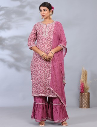 Onion pink cotton festive events printed sharara suit