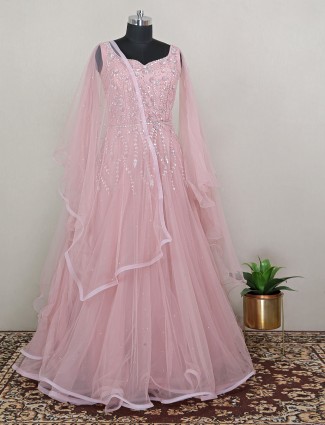 Onion pink floor length net gown for wedding
