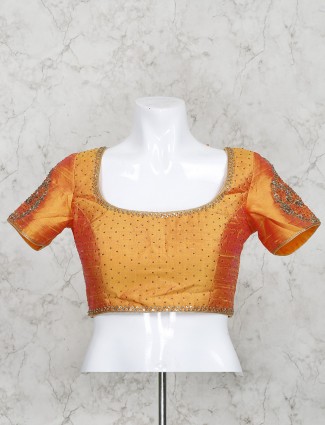 Orange color half sleeves raw silk ready made blouse