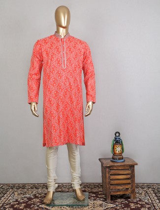 Orange colored printed kurta set in cotton