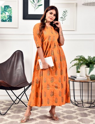 Orange cotton casual wear printed kurti