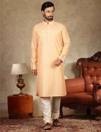 Orange kurta suit in linen with chikan thread work