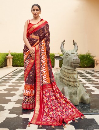 Outstanding chocolate brown wedding patola silk saree